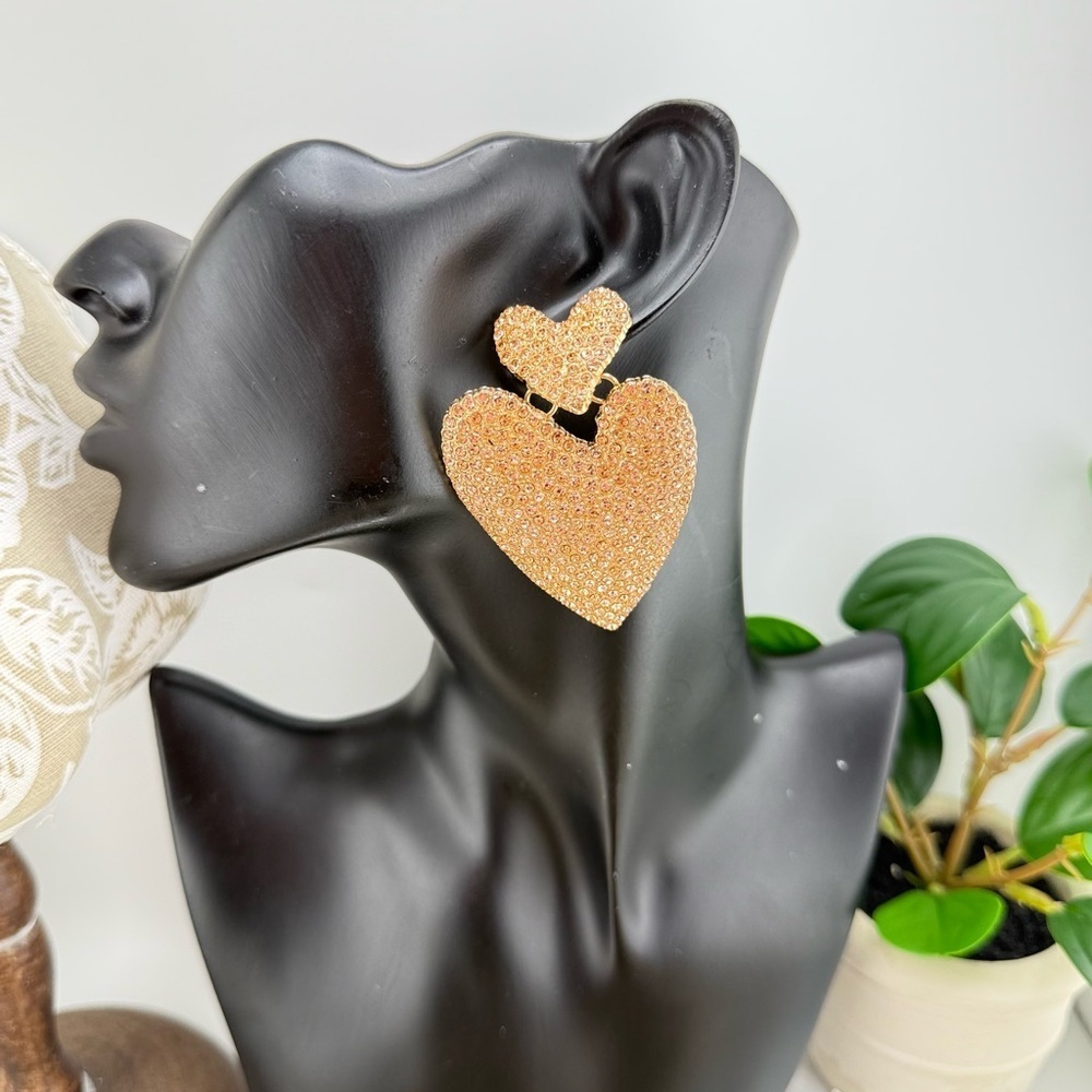 Statement Heart Earrings | Champagne Gold-Tone Rhinestone Drop Dangles - Picture 10 of 11